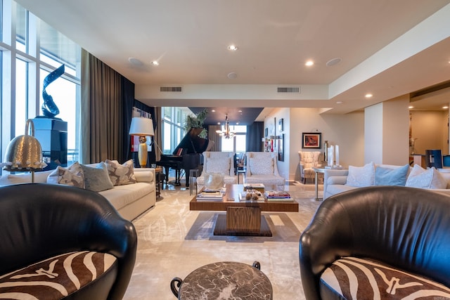 living room with a chandelier