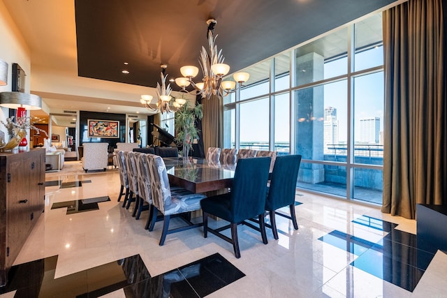 tiled dining area with a wall of windows and an inviting chandelier