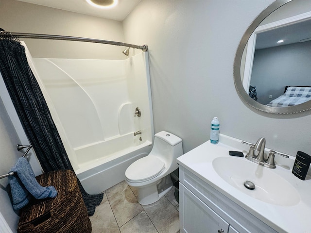 full bathroom with tile patterned floors, vanity, toilet, and shower / tub combo with curtain