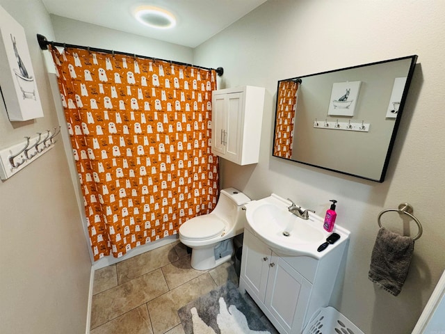 bathroom featuring tile patterned floors, vanity, toilet, and a shower with curtain