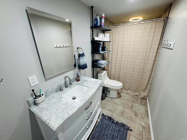 bathroom featuring tile patterned flooring, vanity, toilet, and a shower with shower curtain