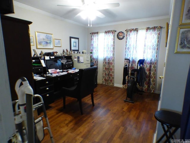 home office featuring dark hardwood / wood-style flooring, ceiling fan, and crown molding