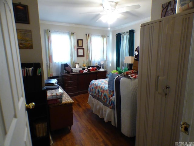 bedroom featuring ceiling fan, dark hardwood / wood-style floors, and ornamental molding