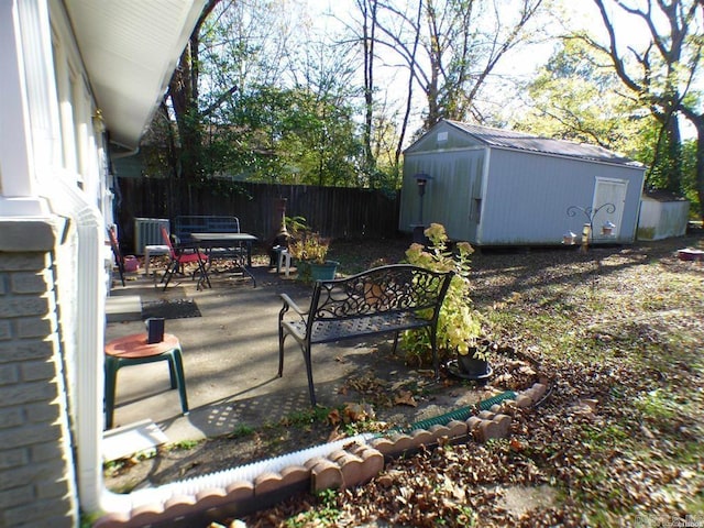 view of yard with a patio area and a storage shed