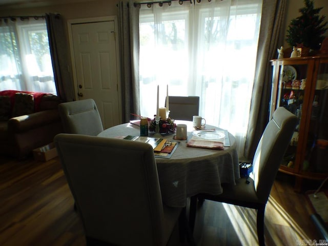 dining space featuring plenty of natural light and dark hardwood / wood-style floors