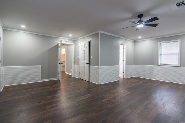 unfurnished room with ceiling fan, crown molding, and dark hardwood / wood-style floors