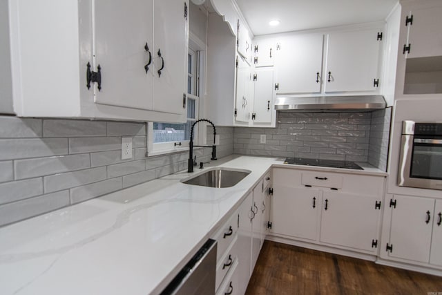 kitchen featuring white cabinets, sink, dark hardwood / wood-style floors, and stainless steel oven