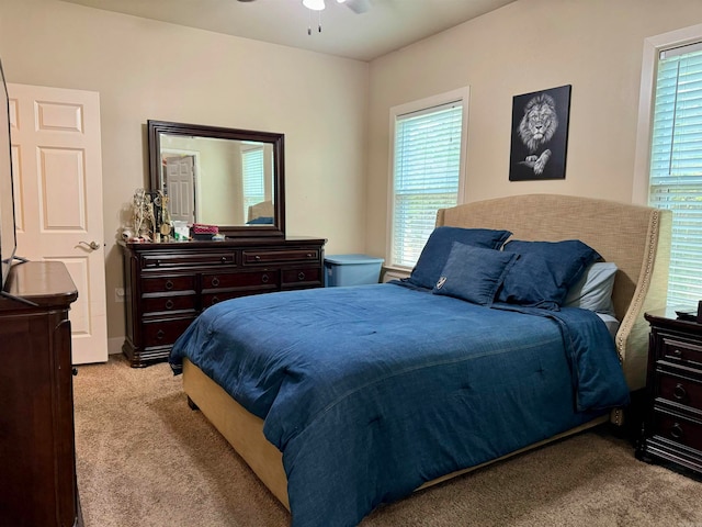 carpeted bedroom with ceiling fan and multiple windows