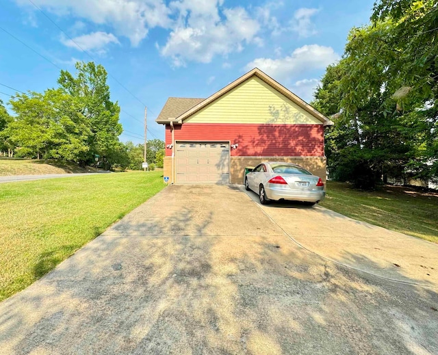 view of property exterior with a lawn and a garage