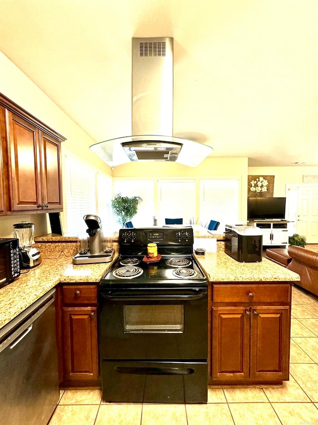 kitchen featuring island exhaust hood, kitchen peninsula, light stone counters, black appliances, and light tile patterned floors