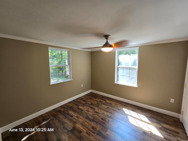 unfurnished room with ceiling fan, dark hardwood / wood-style flooring, a textured ceiling, and ornamental molding