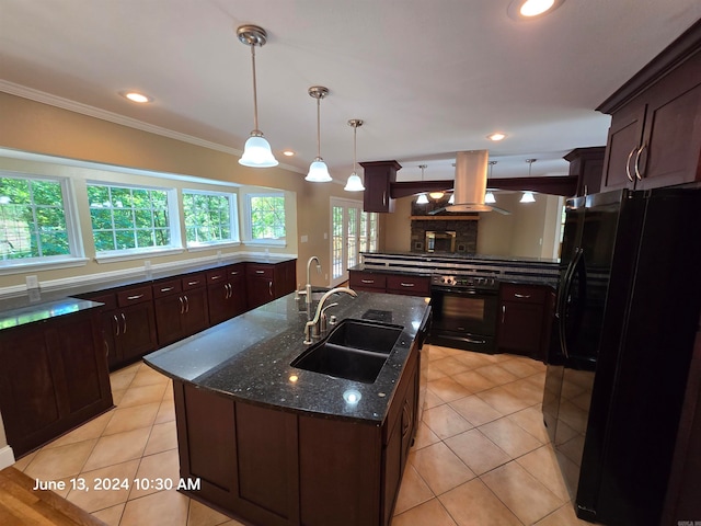 kitchen featuring island exhaust hood, a kitchen island with sink, crown molding, sink, and black appliances