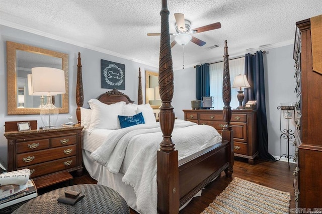 bedroom with ceiling fan, dark wood-type flooring, a textured ceiling, and ornamental molding