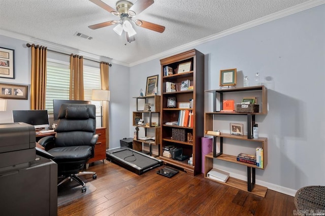 office space featuring a textured ceiling, hardwood / wood-style flooring, ceiling fan, and ornamental molding