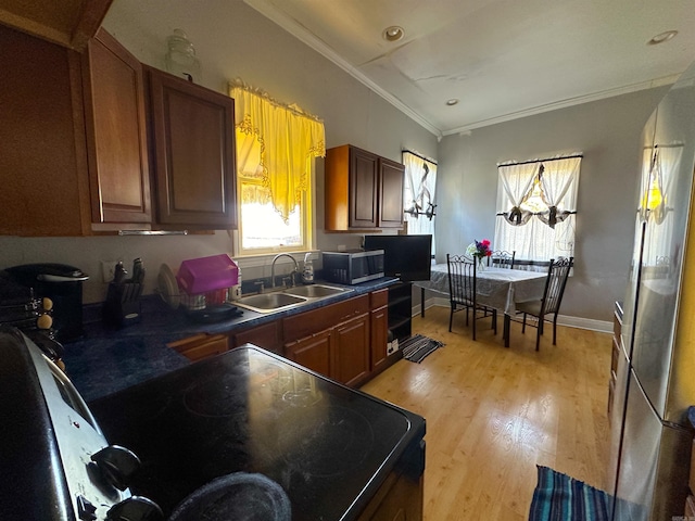 kitchen with light hardwood / wood-style flooring, ornamental molding, and sink