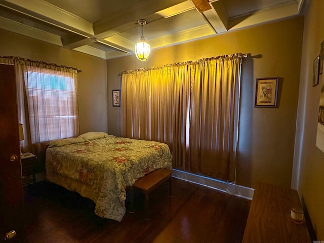 bedroom with beam ceiling, dark hardwood / wood-style flooring, and coffered ceiling