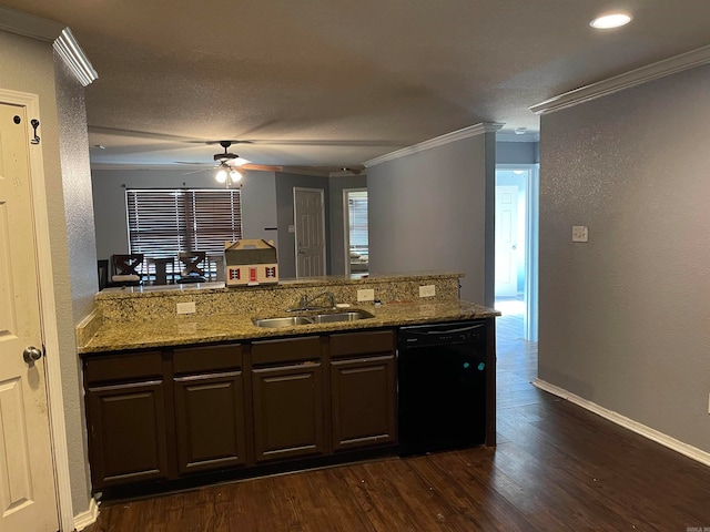 kitchen with light stone counters, ornamental molding, sink, dishwasher, and dark hardwood / wood-style floors