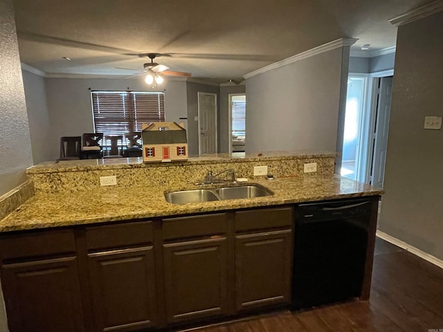 kitchen with ornamental molding, sink, dark wood-type flooring, and black dishwasher