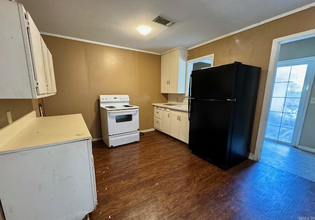 kitchen with dark wood-type flooring, white range with electric cooktop, black fridge, crown molding, and white cabinetry