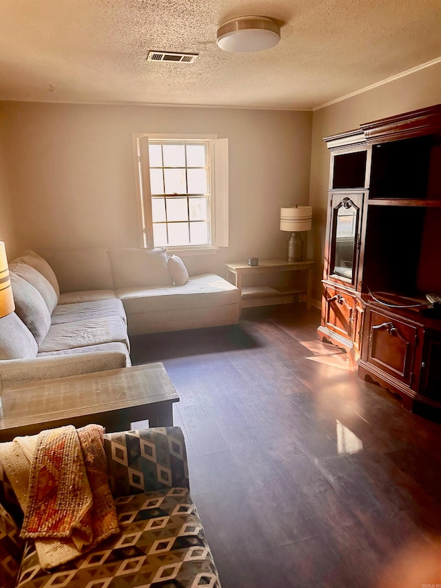 living room with a textured ceiling and dark hardwood / wood-style floors