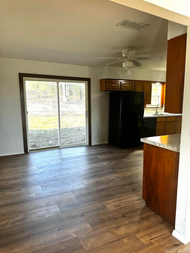 kitchen with ceiling fan, dark wood-type flooring, black appliances, and sink