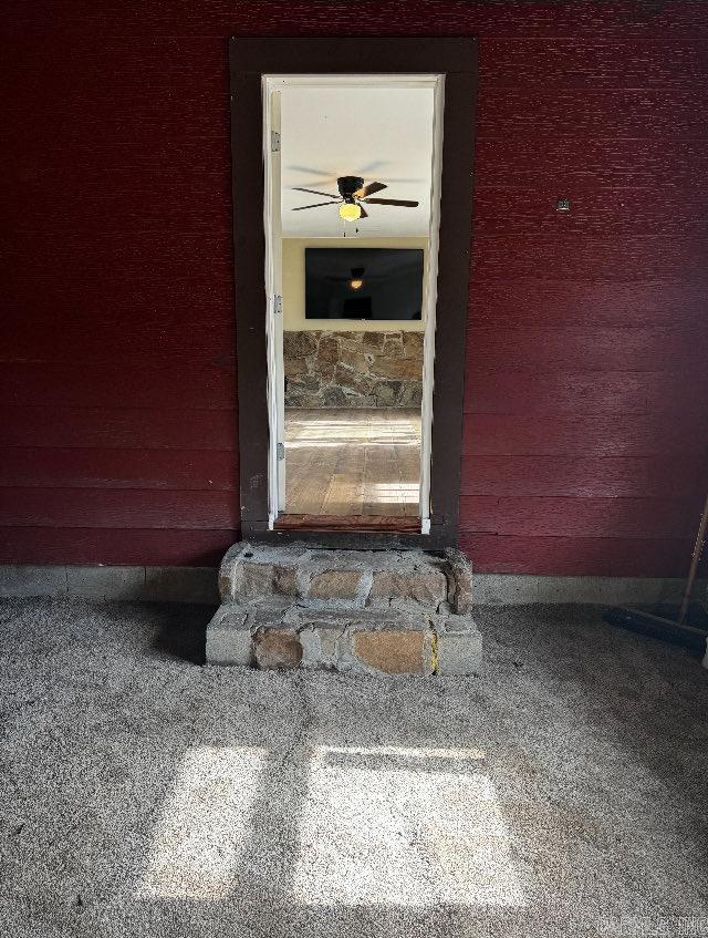 details with carpet floors and ceiling fan