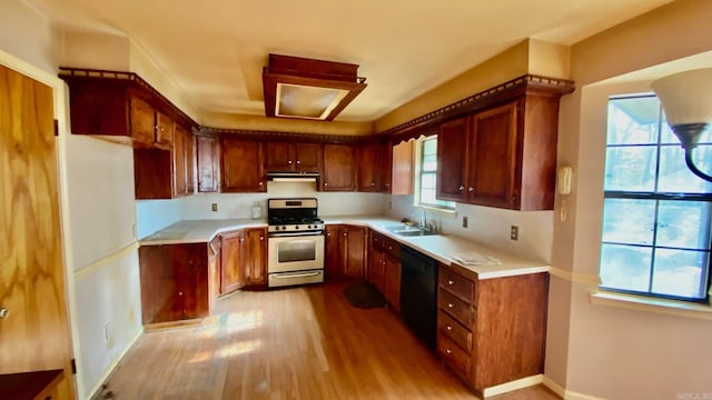 kitchen with gas stove, sink, black dishwasher, and light hardwood / wood-style flooring