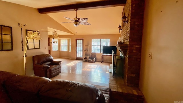 tiled living room with ceiling fan, a fireplace, and lofted ceiling with beams