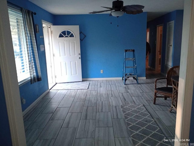 foyer featuring ceiling fan and hardwood / wood-style flooring