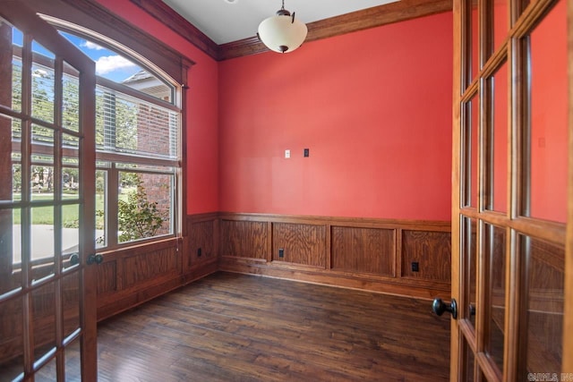 spare room with dark hardwood / wood-style floors, ornamental molding, a wealth of natural light, and french doors