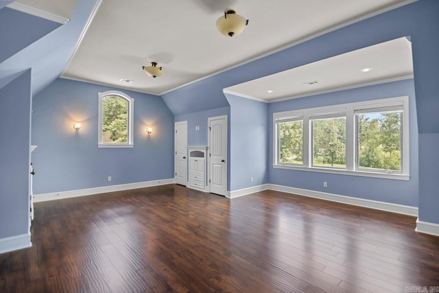 interior space with plenty of natural light, dark hardwood / wood-style flooring, and vaulted ceiling