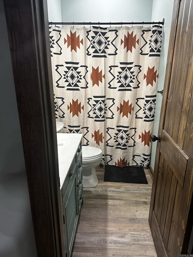 bathroom featuring toilet, vanity, and hardwood / wood-style flooring