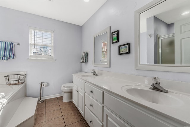 bathroom with tile patterned flooring, vanity, toilet, and a shower with door