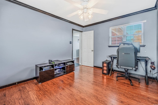 office with hardwood / wood-style floors, ceiling fan, and crown molding