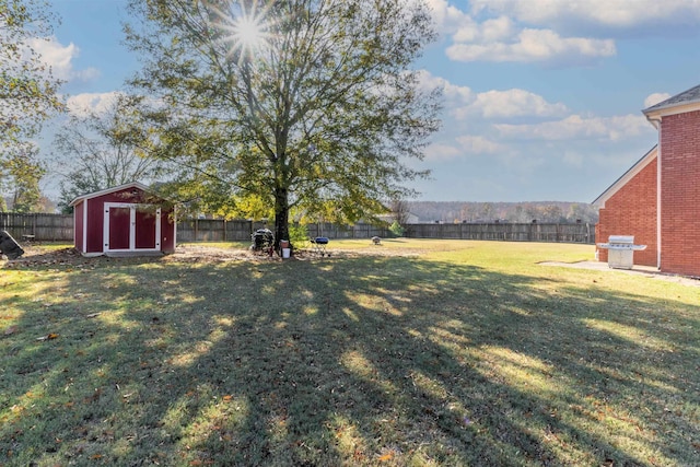 view of yard featuring a storage shed