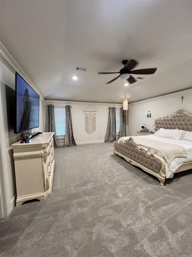 bedroom with carpet, crown molding, vaulted ceiling, ceiling fan, and a textured ceiling