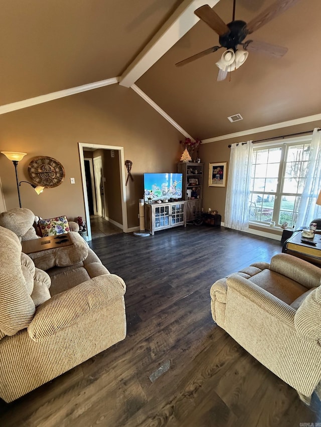 living room featuring vaulted ceiling with beams, ceiling fan, ornamental molding, and dark wood-type flooring