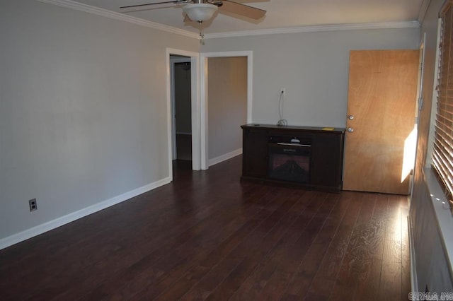 unfurnished living room featuring dark hardwood / wood-style floors, ceiling fan, and ornamental molding