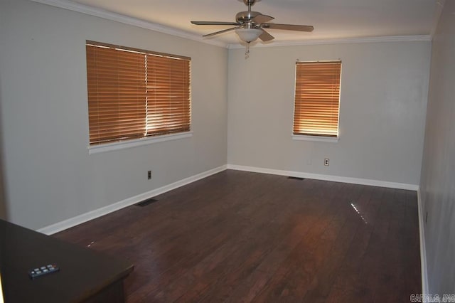 unfurnished room featuring ceiling fan, dark hardwood / wood-style flooring, and ornamental molding