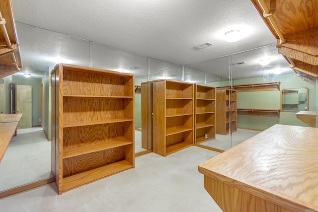 interior space featuring a textured ceiling and light colored carpet