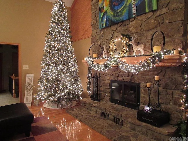 living room with hardwood / wood-style floors and a fireplace