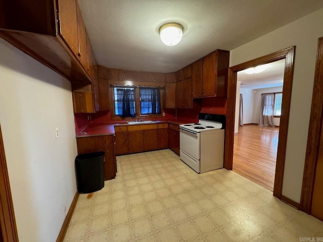 kitchen with electric range, sink, and light wood-type flooring