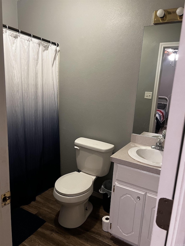 bathroom with wood-type flooring, vanity, and toilet