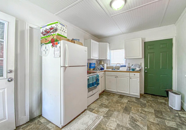 kitchen featuring white cabinetry, crown molding, white appliances, and sink