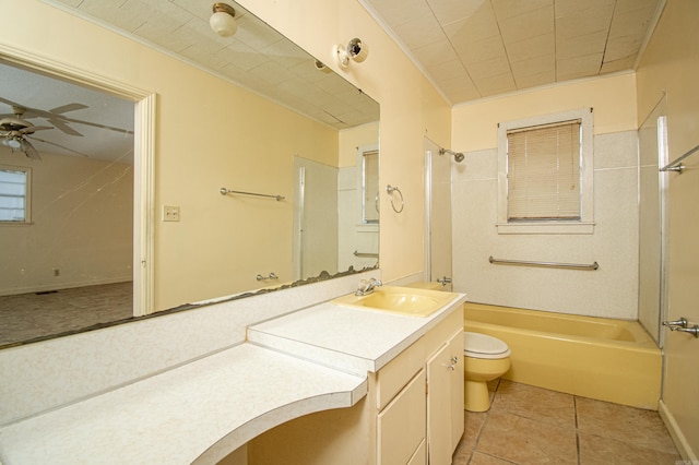 full bathroom featuring vanity, shower / washtub combination, tile patterned flooring, ceiling fan, and toilet