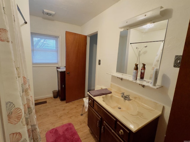 bathroom with hardwood / wood-style floors and vanity