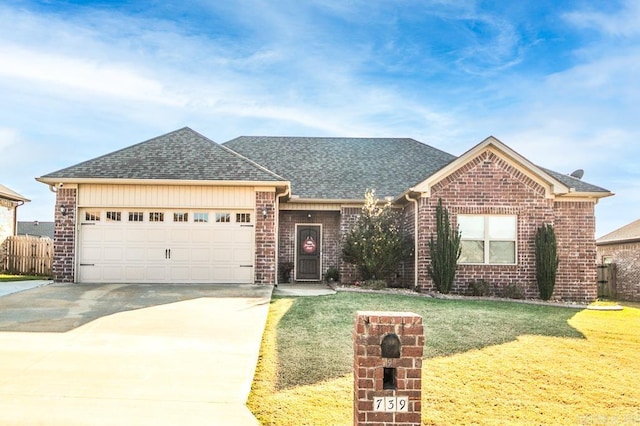 view of front of property featuring a front yard and a garage