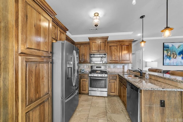 kitchen featuring decorative light fixtures, stainless steel appliances, tasteful backsplash, and ornamental molding