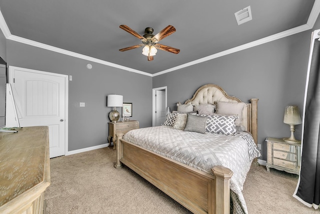 carpeted bedroom featuring ceiling fan and ornamental molding