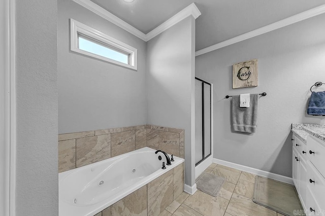 bathroom with vanity, shower with separate bathtub, and crown molding